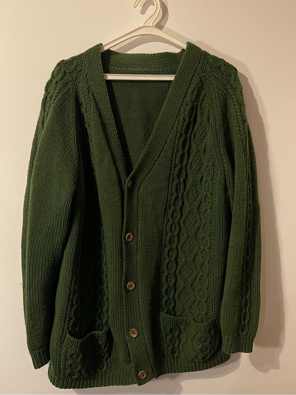 Vintage Hand Knit Forest Green Cable Knit Oversized Cardigan Sweater XL 2XL